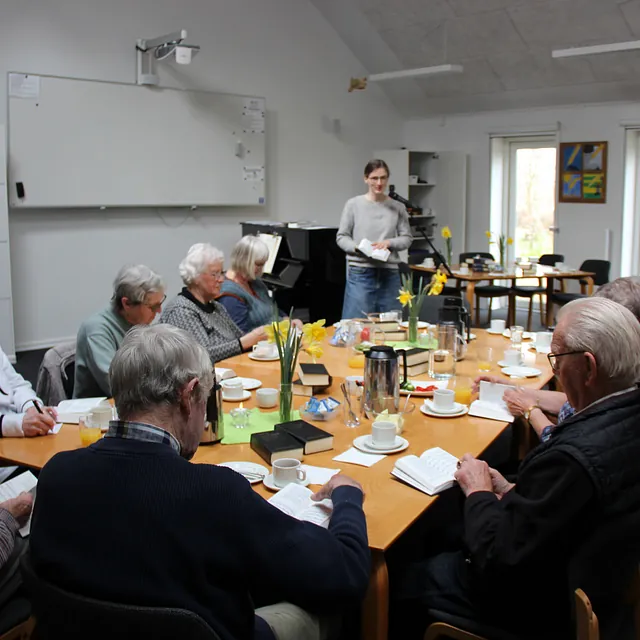  Gruppe ældre voksne læser omkring et bord, person står.