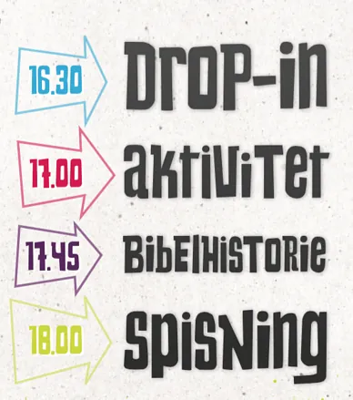 Tidsplan for kirkeaktiviteter: 16:30 Drop-in, 17:00 Aktivitet, 17:45 Bibelhistorie, 18:00 Spisning.